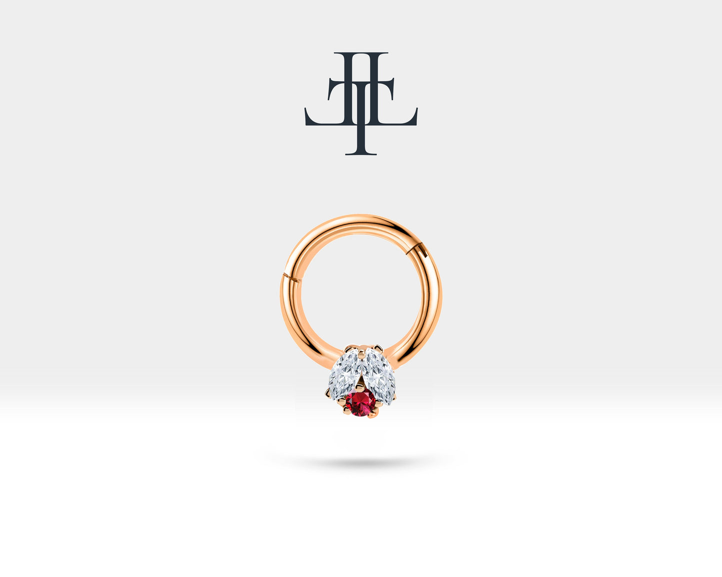 İkili Markiz Pırlanta ve Yakutlu Halka Piercing, 10 MM , 1.2 MM, 14K Sarı-Beyaz-Kırmızı Altın | LC00024DR