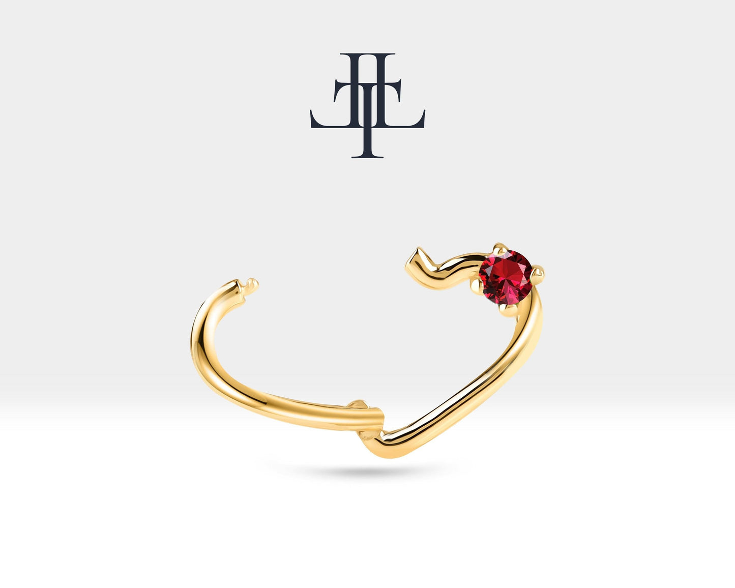 Tek Taş Kalp Yakutlu Halka Piercing, 13 MM , 1.2 MM, 14K Sarı-Beyaz-Kırmızı Altın | LC00010R