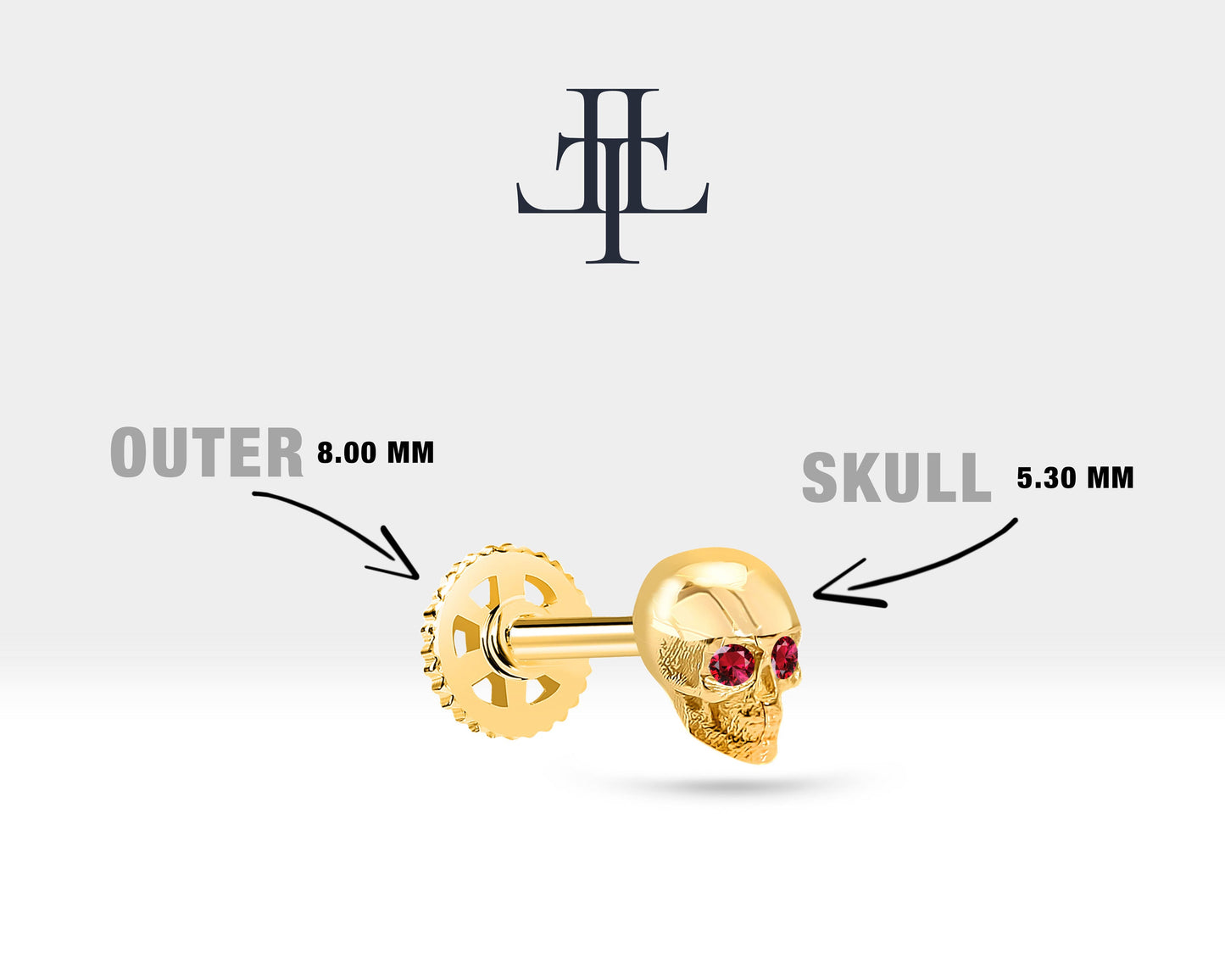 Yakutlu Kuru Kafa Piercing, 8 MM , 1.2 MM, 14K Sarı-Beyaz-Kırmızı Altın | LP00011R