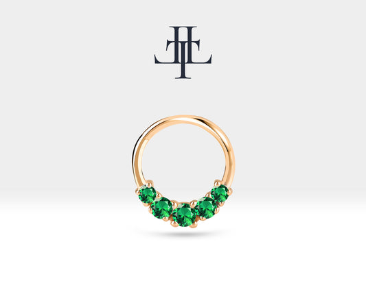 Beş Taşlı Yeşil Garnetlı Halka Piercing, 12 MM , 1.2 MM, 14K Sarı-Beyaz-Kırmızı Altın | LC00020G