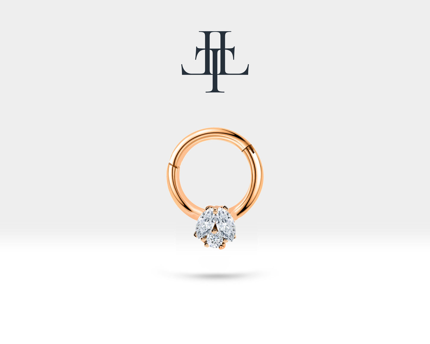 İkili Markiz Pırlantalı Halka Piercing, 10 MM , 1.2 MM, 14K Sarı-Beyaz-Kırmızı Altın | LC00026D