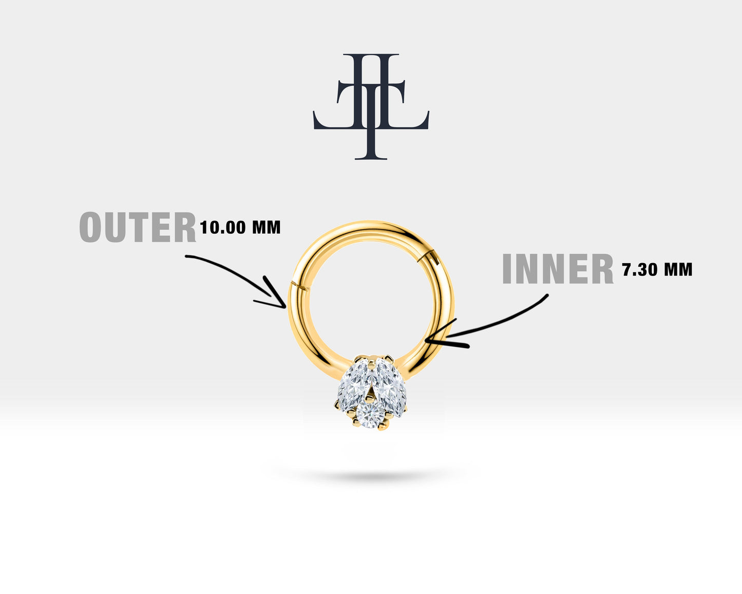 İkili Markiz Pırlantalı Halka Piercing, 10 MM , 1.2 MM, 14K Sarı-Beyaz-Kırmızı Altın | LC00026D