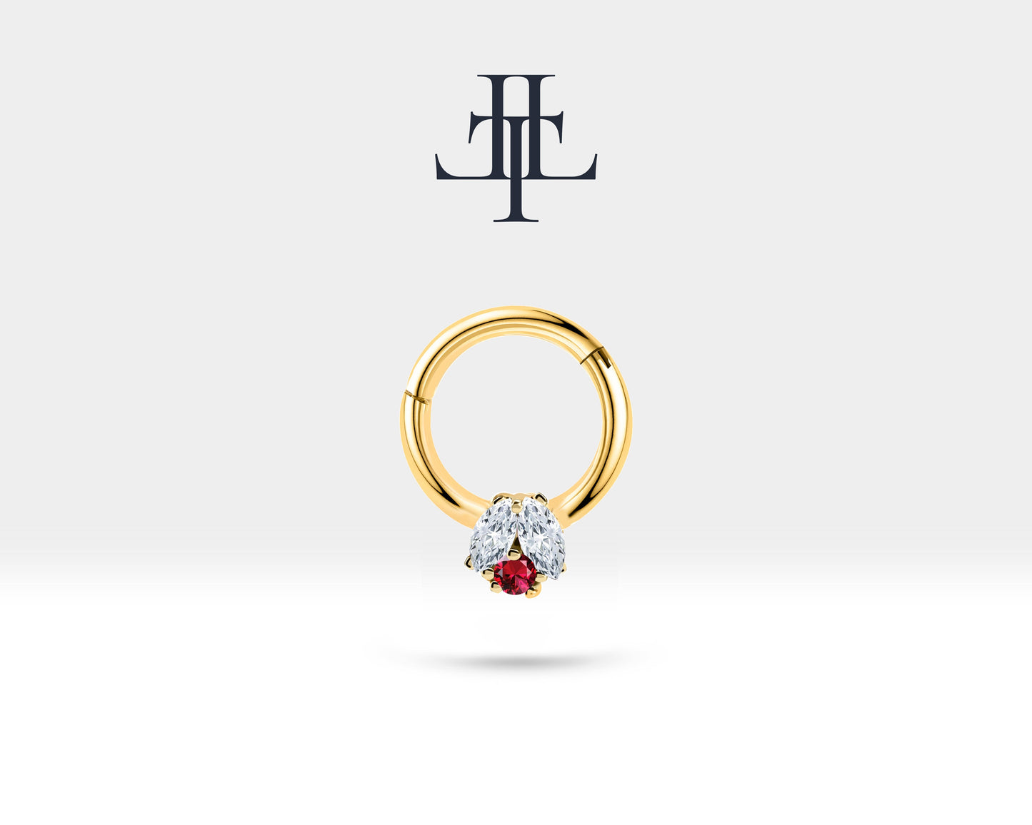 İkili Markiz Pırlanta ve Yakutlu Halka Piercing, 10 MM , 1.2 MM, 14K Sarı-Beyaz-Kırmızı Altın | LC00024DR