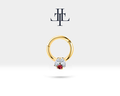 İkili Markiz Pırlanta ve Yakutlu Halka Piercing, 10 MM , 1.2 MM, 14K Sarı-Beyaz-Kırmızı Altın | LC00024DR