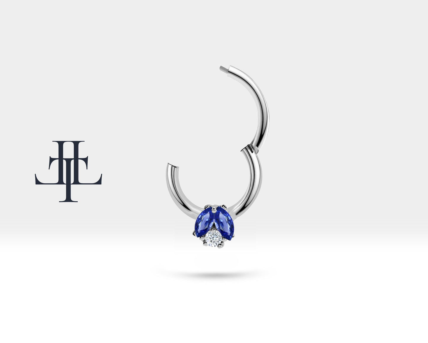 İkili Markiz Safir ve Pırlantalı Halka Piercing, 10 MM , 1.2 MM, 14K Sarı-Beyaz-Kırmızı Altın | LC00025SD