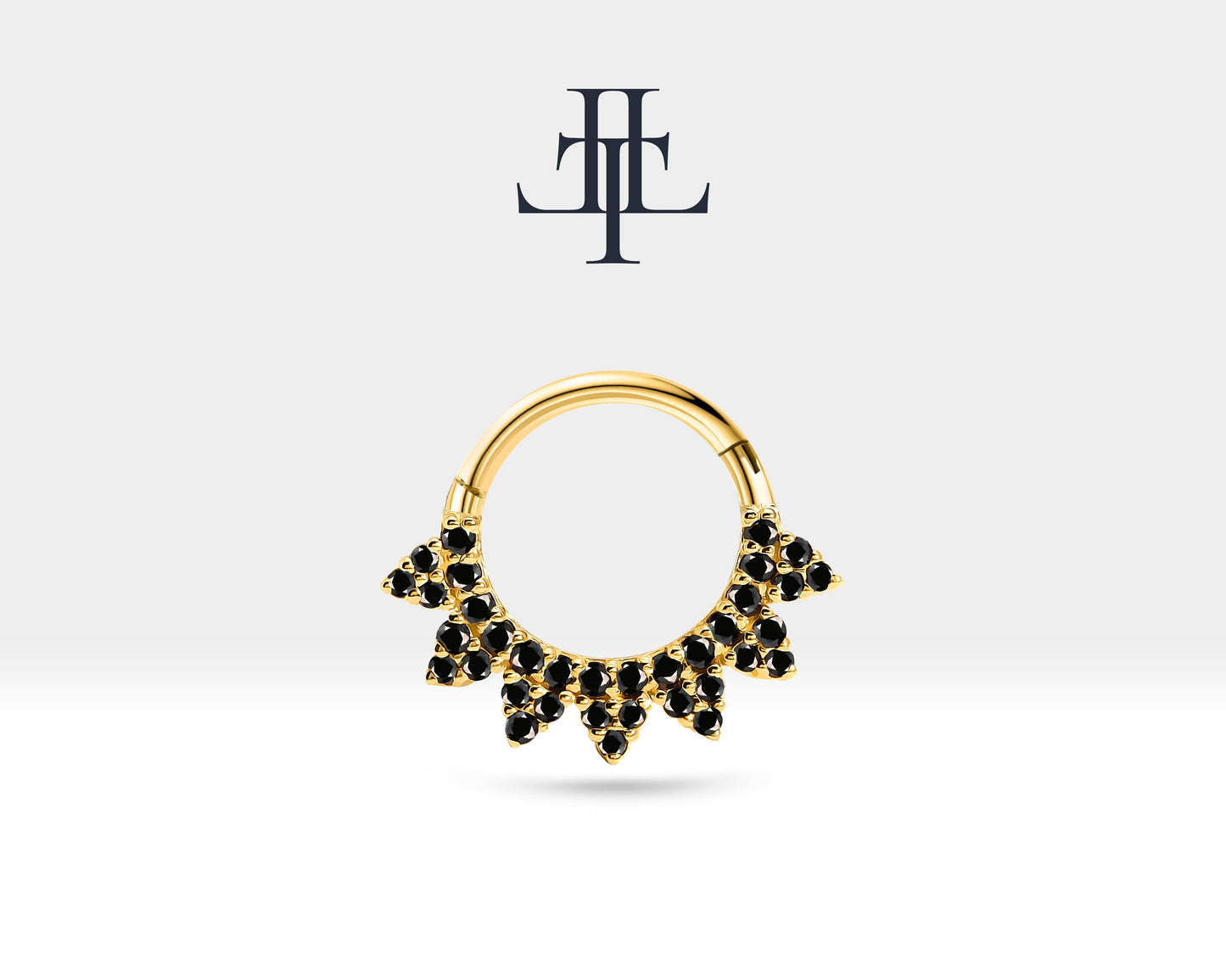 Taç Siyah Pırlantalı Halka Piercing, 13.5 MM , 1.2 MM, 14K Sarı-Beyaz-Kırmızı Altın | LC00041B