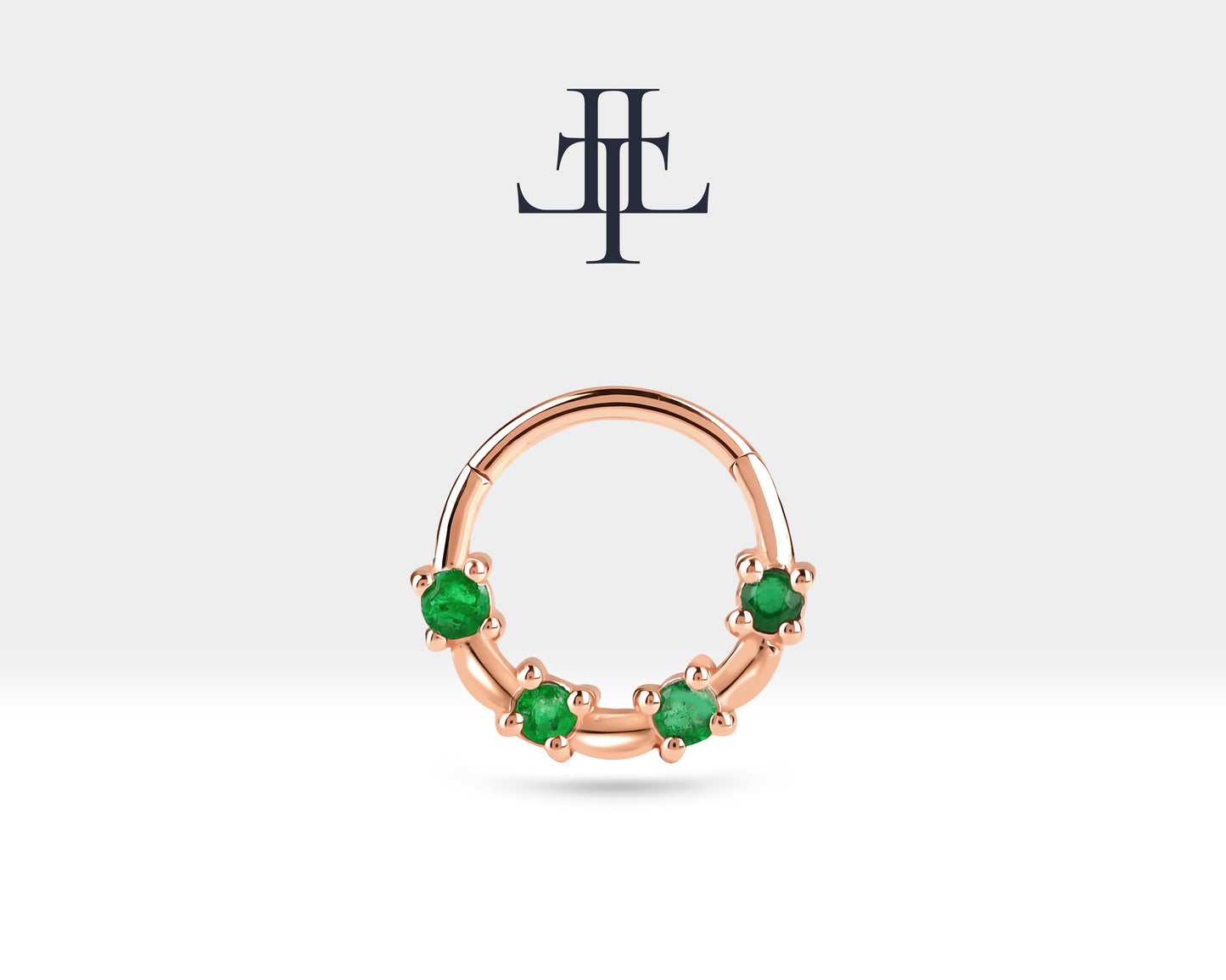 Bezeme Zümrütlü Halka Piercing, 13 MM , 1.2 MM, 14K Sarı-Beyaz-Kırmızı Altın | LC00009E