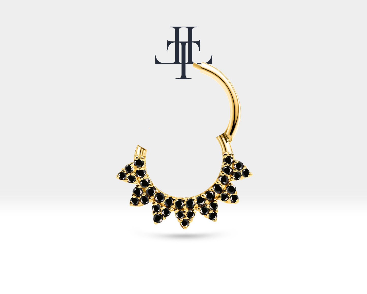 Taç Siyah Pırlantalı Halka Piercing, 13.5 MM , 1.2 MM, 14K Sarı-Beyaz-Kırmızı Altın | LC00041B