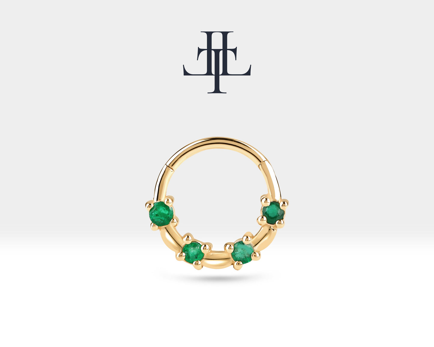 Bezeme Zümrütlü Halka Piercing, 13 MM , 1.2 MM, 14K Sarı-Beyaz-Kırmızı Altın | LC00009E