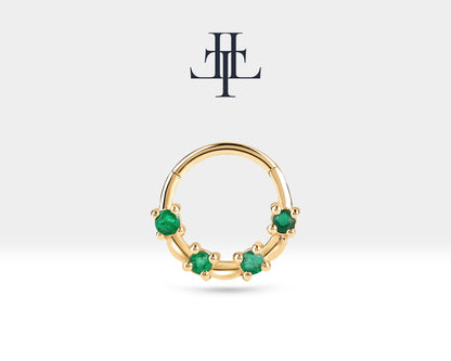 Bezeme Zümrütlü Halka Piercing, 13 MM , 1.2 MM, 14K Sarı-Beyaz-Kırmızı Altın | LC00009E