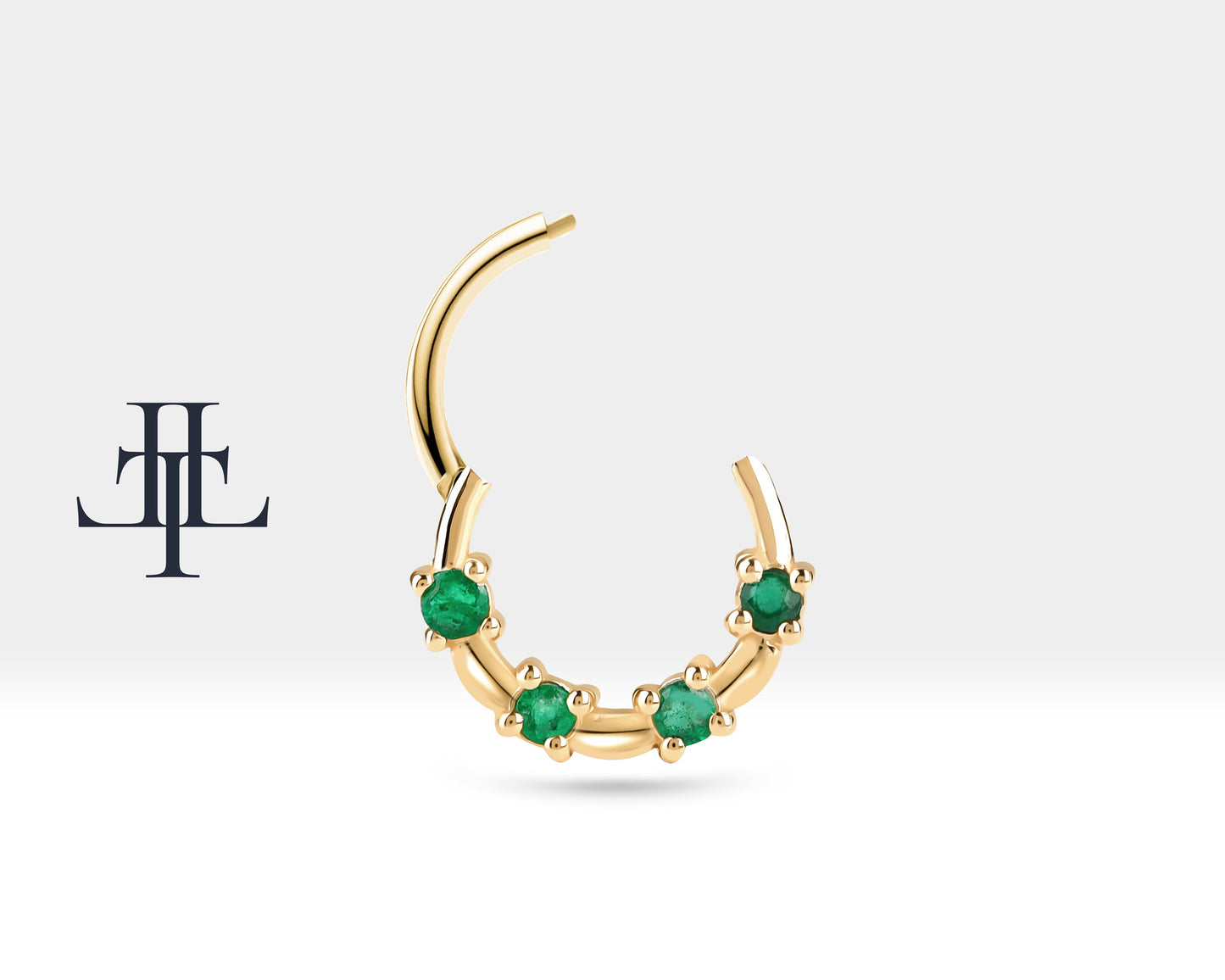 Bezeme Zümrütlü Halka Piercing, 13 MM , 1.2 MM, 14K Sarı-Beyaz-Kırmızı Altın | LC00009E