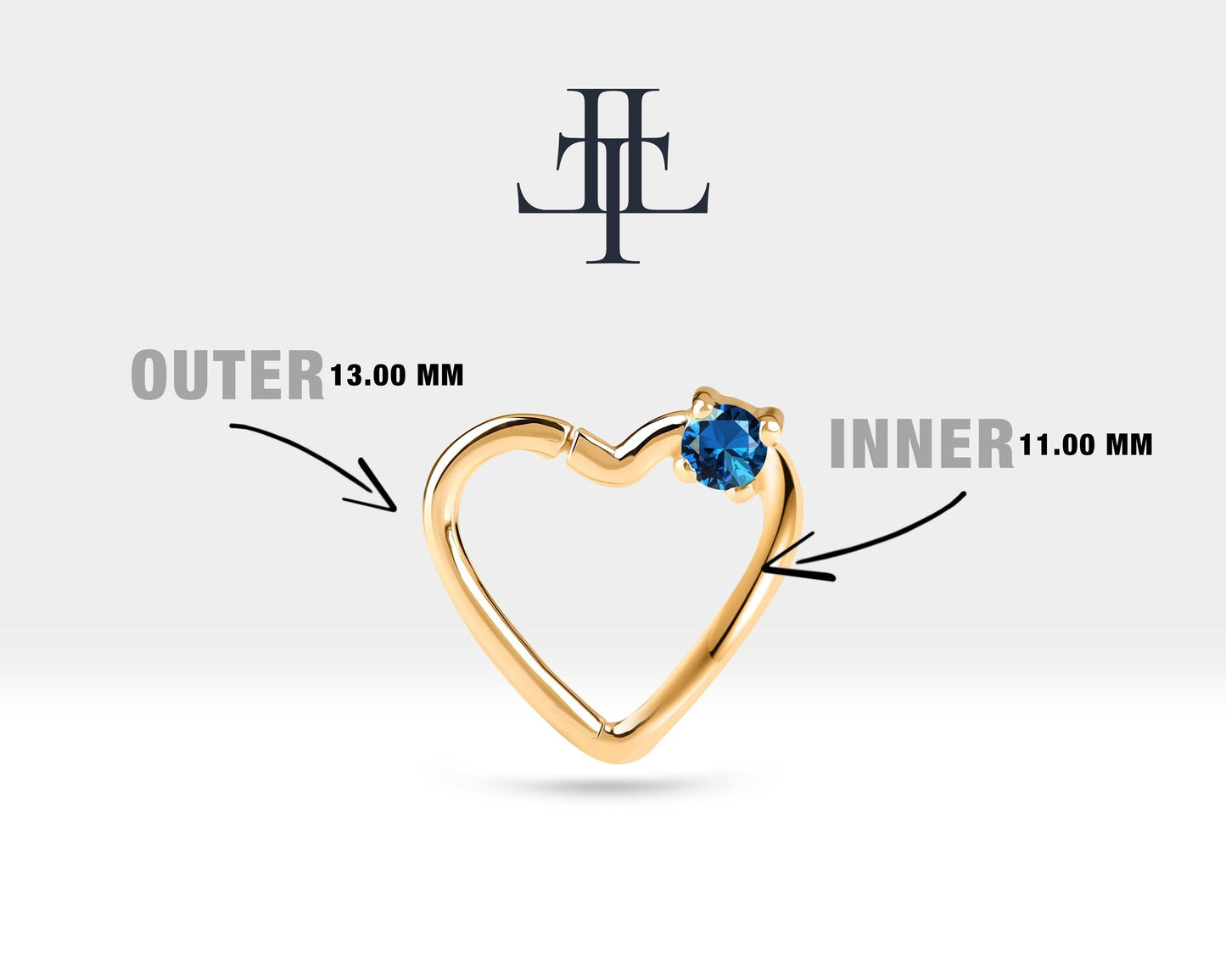 Tek Taş Kalp Safirli Halka Piercing, 13 MM , 1.2 MM, 14K Sarı-Beyaz-Kırmızı Altın | LC00010S