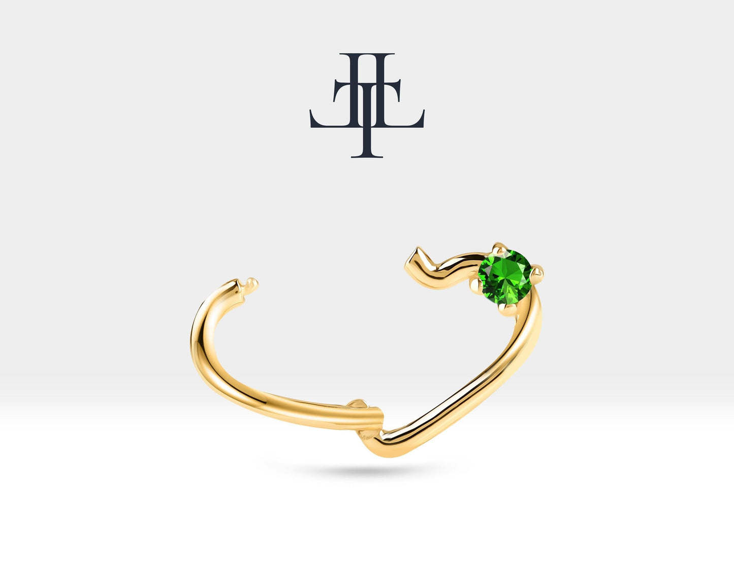 Tek Taş Kalp Yeşil Garnet Halka Piercing, 13 MM , 1.2 MM, 14K Sarı-Beyaz-Kırmızı Altın | LC00010G