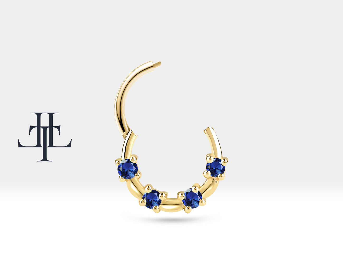 Bezeme Safirli Halka Piercing, 13 MM , 1.2 MM, 14K Sarı-Beyaz-Kırmızı Altın | LC00009S