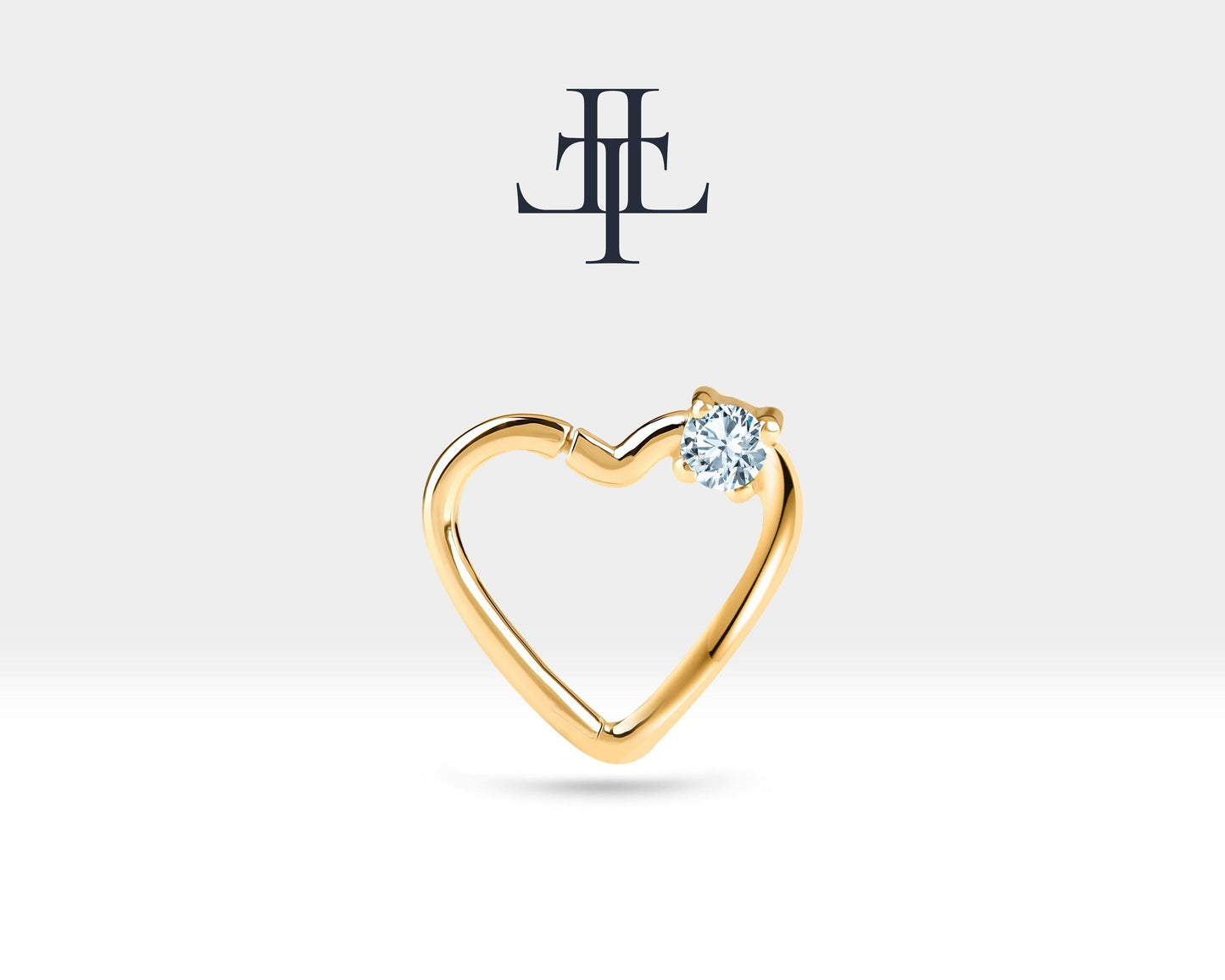 Tek Taş Kalp Pırlantalı Halka Piercing, 13 MM , 1.2 MM, 14K Sarı-Beyaz-Kırmızı Altın | LC00010D