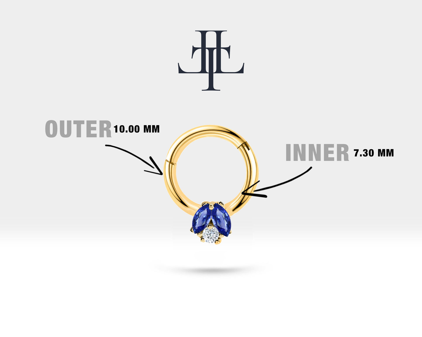 İkili Markiz Safir ve Pırlantalı Halka Piercing, 10 MM , 1.2 MM, 14K Sarı-Beyaz-Kırmızı Altın | LC00025SD