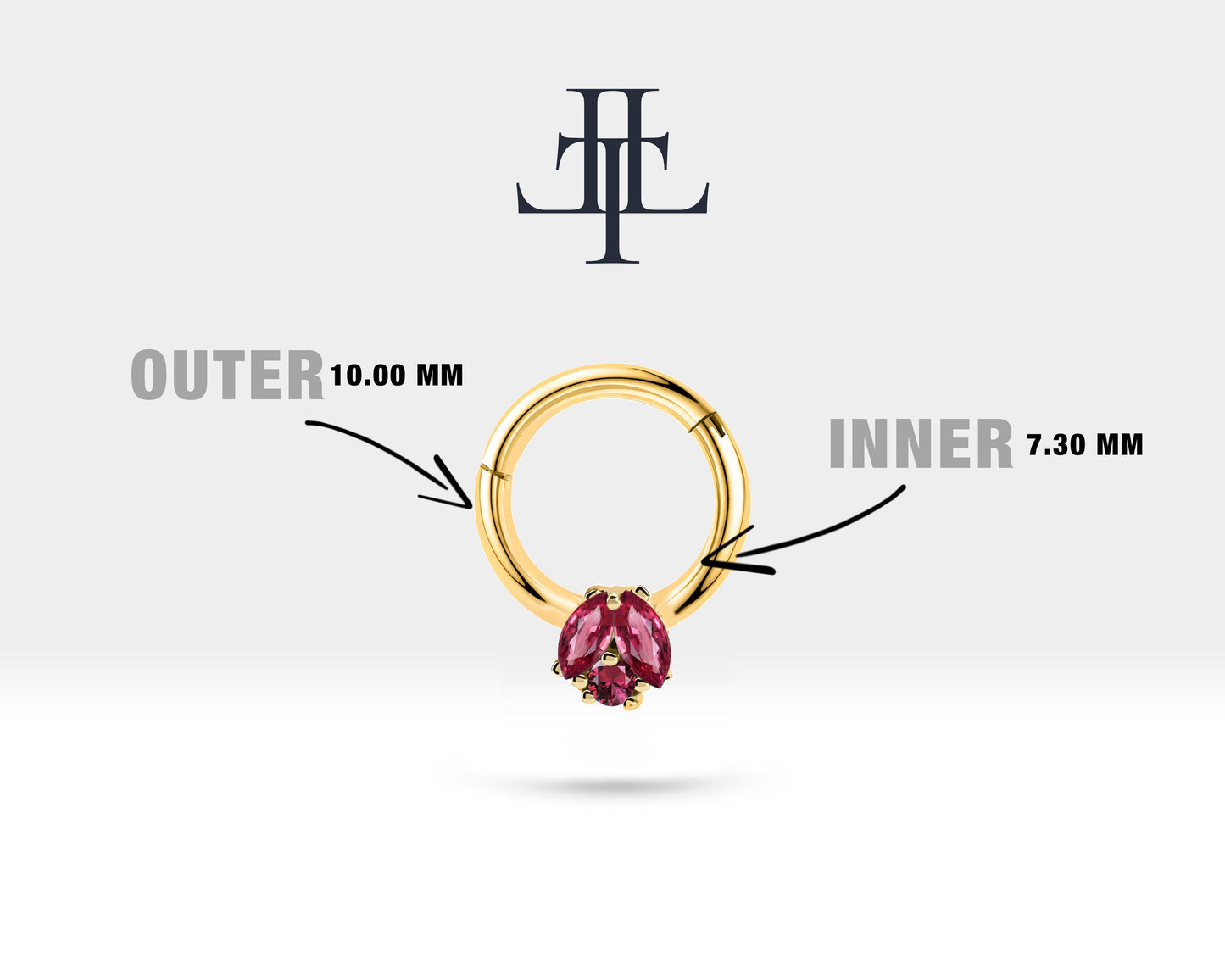 İkili Markiz Yakutlu Halka Piercing, 10 MM , 1.2 MM, 14K Sarı-Beyaz-Kırmızı Altın | LC00026R