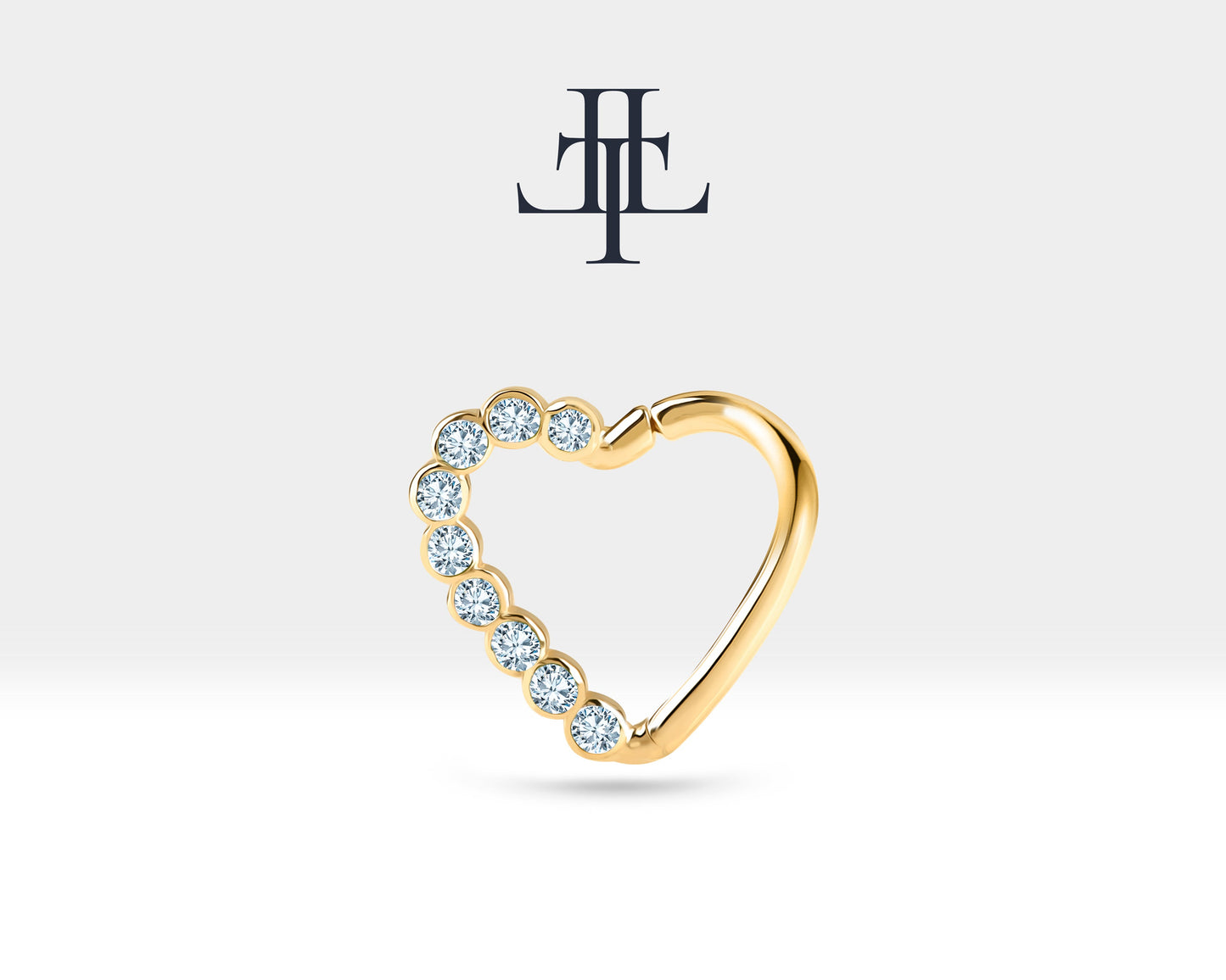 Dizi Pırlantalı Kalp Halka Piercing, 13 MM , 1.2 MM, 14K Sarı-Beyaz-Kırmızı Altın | LC00017D