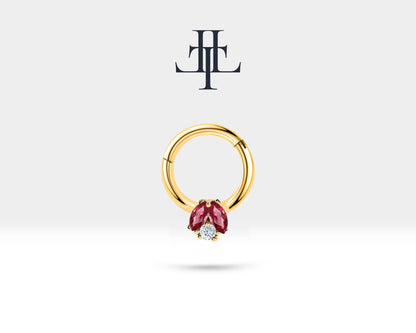 İkili Markiz Yakut ve Pırlantalı Halka Piercing, 10 MM , 1.2 MM, 14K Sarı-Beyaz-Kırmızı Altın | LC00025RD