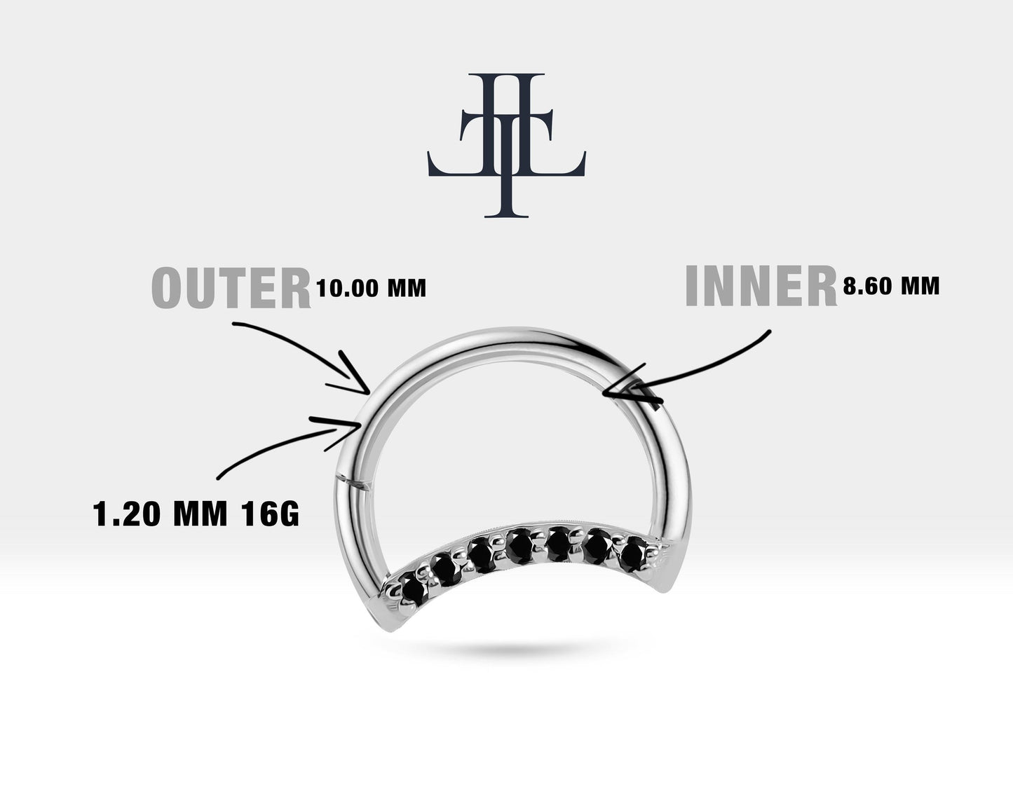 Hilal Siyah Pırlantalı Halka Piercing, 10 MM , 1.2 MM, 14K Sarı-Beyaz-Kırmızı Altın | LC00045B