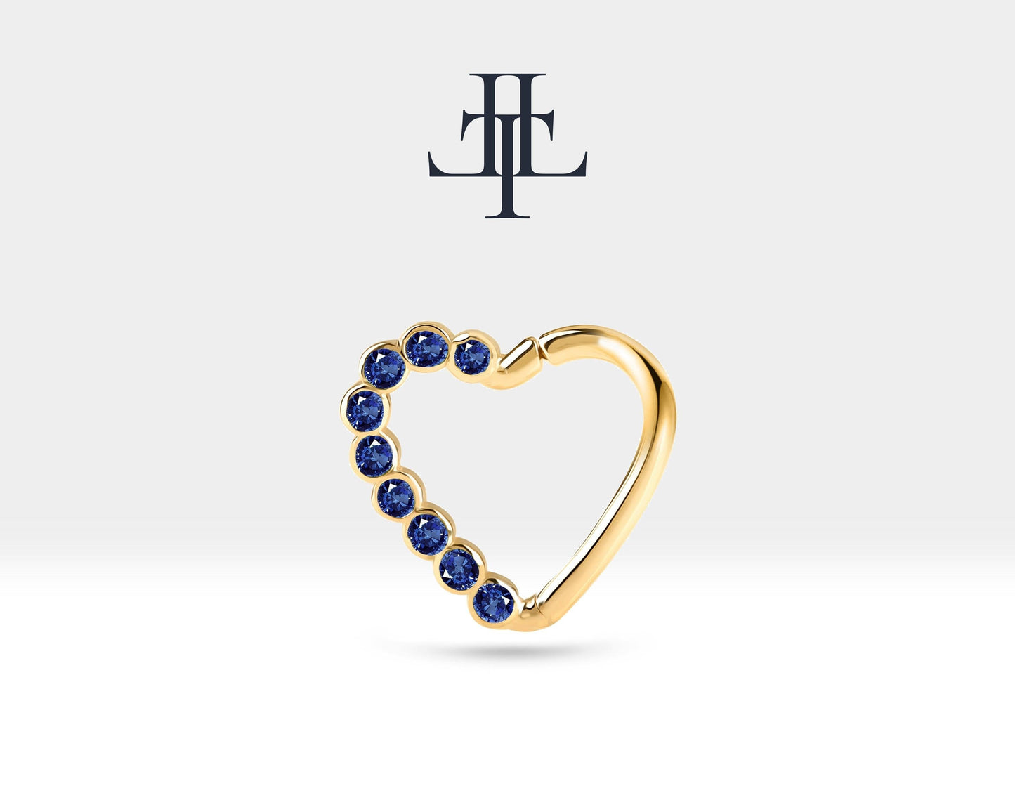 Dizi Safirli Kalp Halka Piercing, 13 MM , 1.2 MM, 14K Sarı-Beyaz-Kırmızı Altın | LC00017S