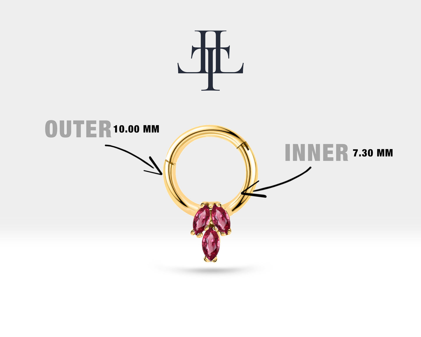 Üçlü Markiz Yakutlu Halka Piercing, 10 MM , 1.2 MM, 14K Sarı-Beyaz-Kırmızı Altın | LC00021R