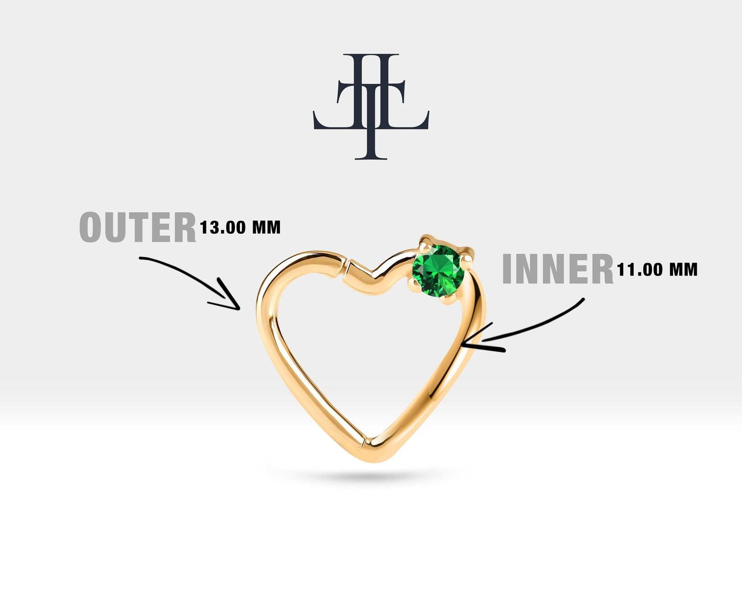 Tek Taş Kalp Yeşil Garnet Halka Piercing, 13 MM , 1.2 MM, 14K Sarı-Beyaz-Kırmızı Altın | LC00010G