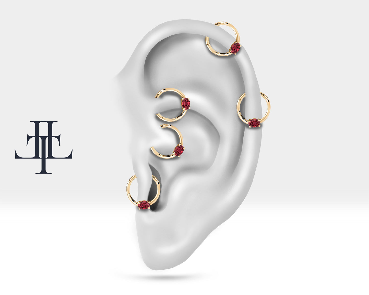 Oval Yakutlu Halka Piercing, 10-12 MM , 1.2 MM, 14K Sarı-Beyaz-Kırmızı Altın | LC00035R