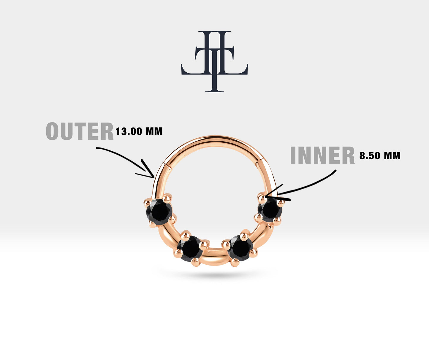 Bezeme Siyah Pırlanta Halka Piercing, 13 MM , 1.2 MM, 14K Sarı-Beyaz-Kırmızı Altın | LC00009B