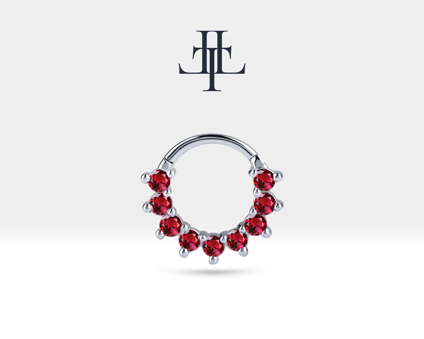 Dokuz Yakutlu Halka Piercing, 13 MM , 1.2 MM, 14K Sarı-Beyaz-Kırmızı Altın | LC00006R