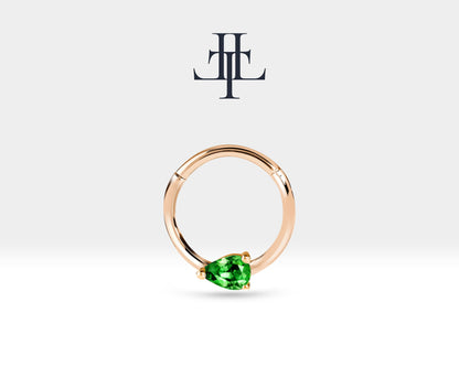 Damla Zümrütlü Halka Piercing, 10-12 MM , 1.2 MM, 14K Sarı-Beyaz-Kırmızı Altın | LC00027E