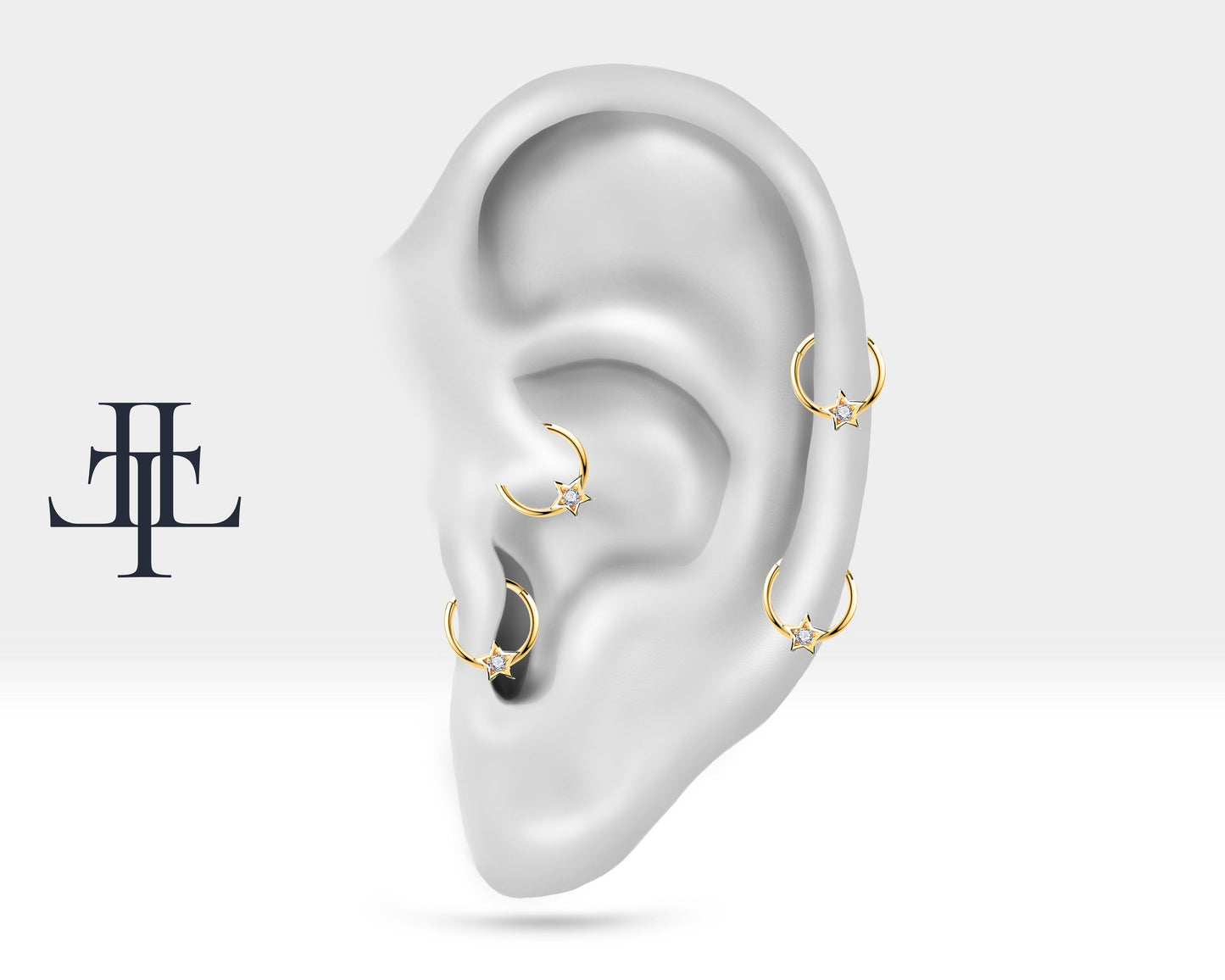 Yıldız Pırlantalı Halka Piercing, 10 MM , 1.2 MM, 14K Sarı-Beyaz-Kırmızı Altın | LC00019D