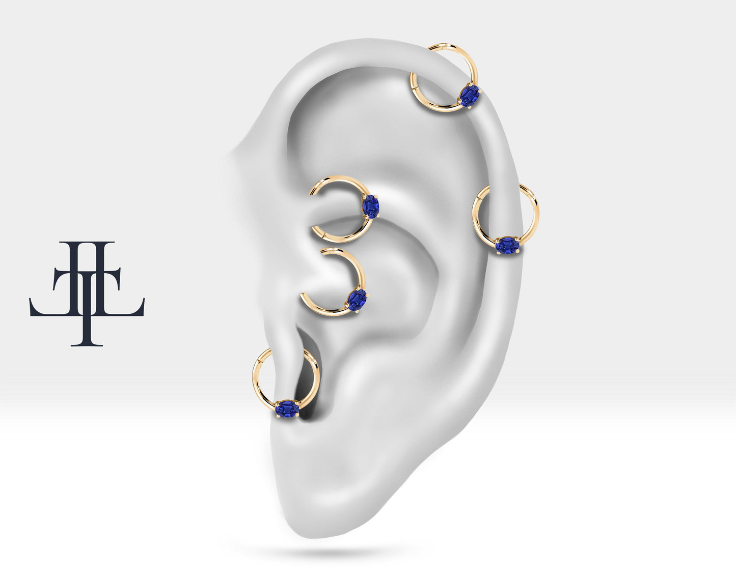 Oval Safirli Halka Piercing, 10-12 MM , 1.2 MM, 14K Sarı-Beyaz-Kırmızı Altın | LC00035S