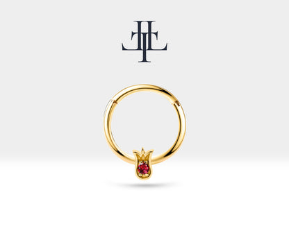 Lale Yakutlu Halka Piercing, 12 MM , 1.2 MM, 14K Sarı-Beyaz-Kırmızı Altın | LC00038R
