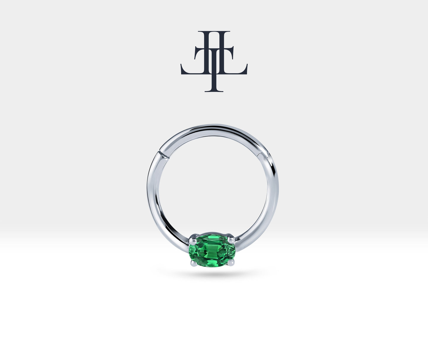 Oval Zümrütlü Halka Piercing, 10-12 MM , 1.2 MM, 14K Sarı-Beyaz-Kırmızı Altın | LC00035E