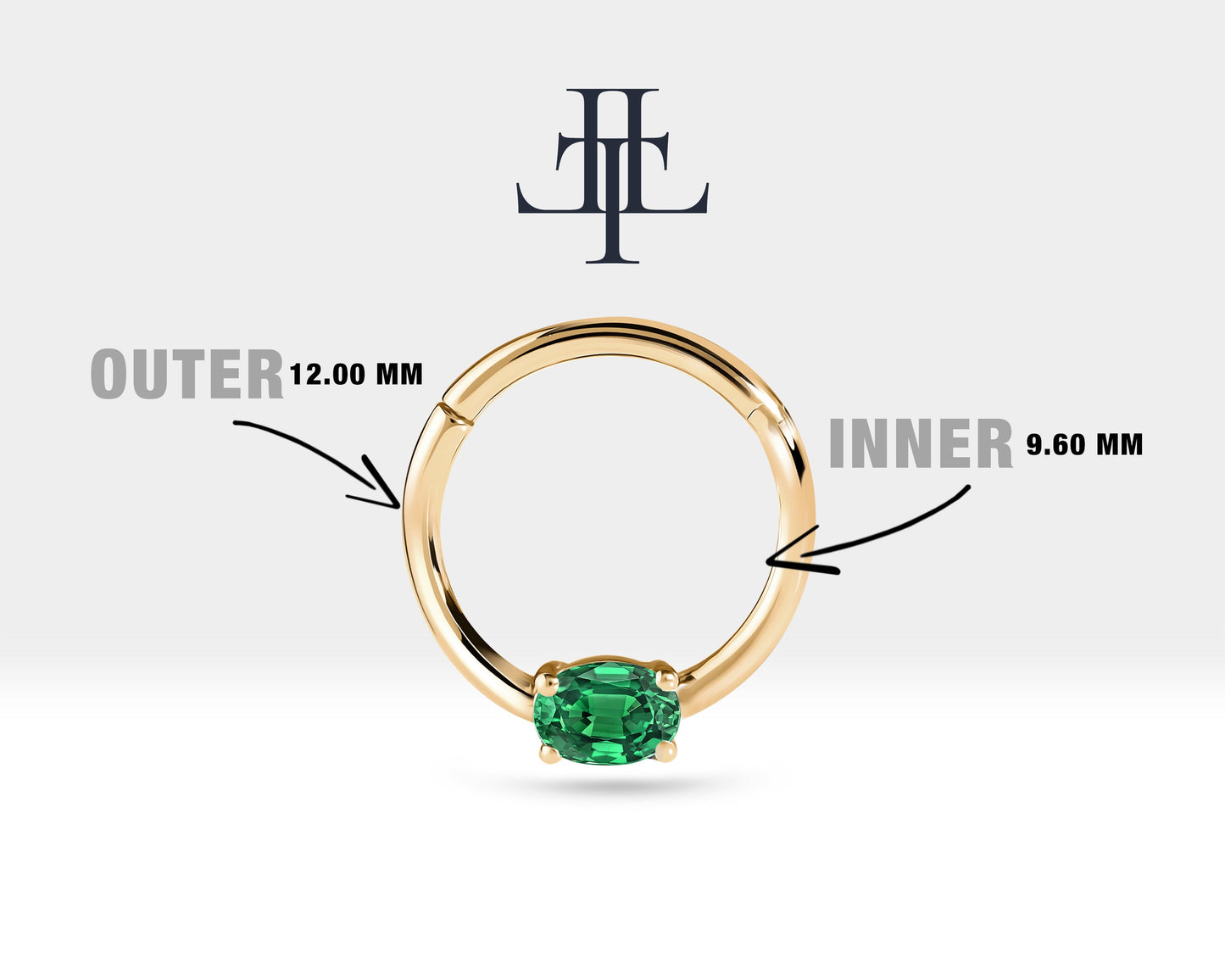 Oval Zümrütlü Halka Piercing, 10-12 MM , 1.2 MM, 14K Sarı-Beyaz-Kırmızı Altın | LC00035E