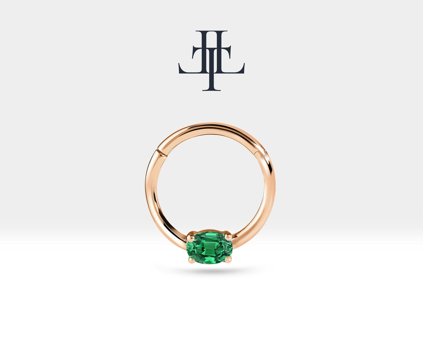 Oval Zümrütlü Halka Piercing, 10-12 MM , 1.2 MM, 14K Sarı-Beyaz-Kırmızı Altın | LC00035E