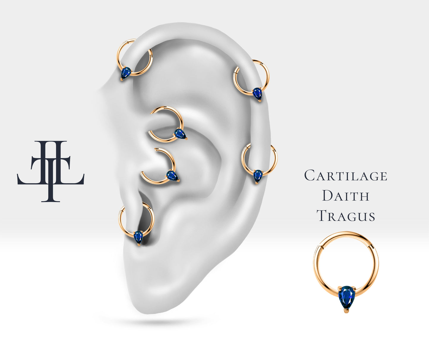 Damla Safirli Halka Piercing, 12 MM , 1.2 MM, 14K Sarı-Beyaz-Kırmızı Altın | LC00012S