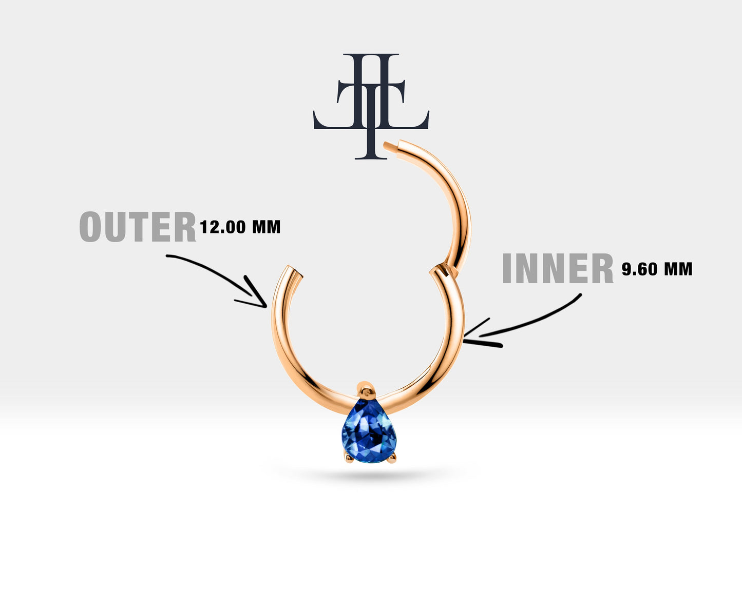 Damla Safirli Halka Piercing, 12 MM , 1.2 MM, 14K Sarı-Beyaz-Kırmızı Altın | LC00011S