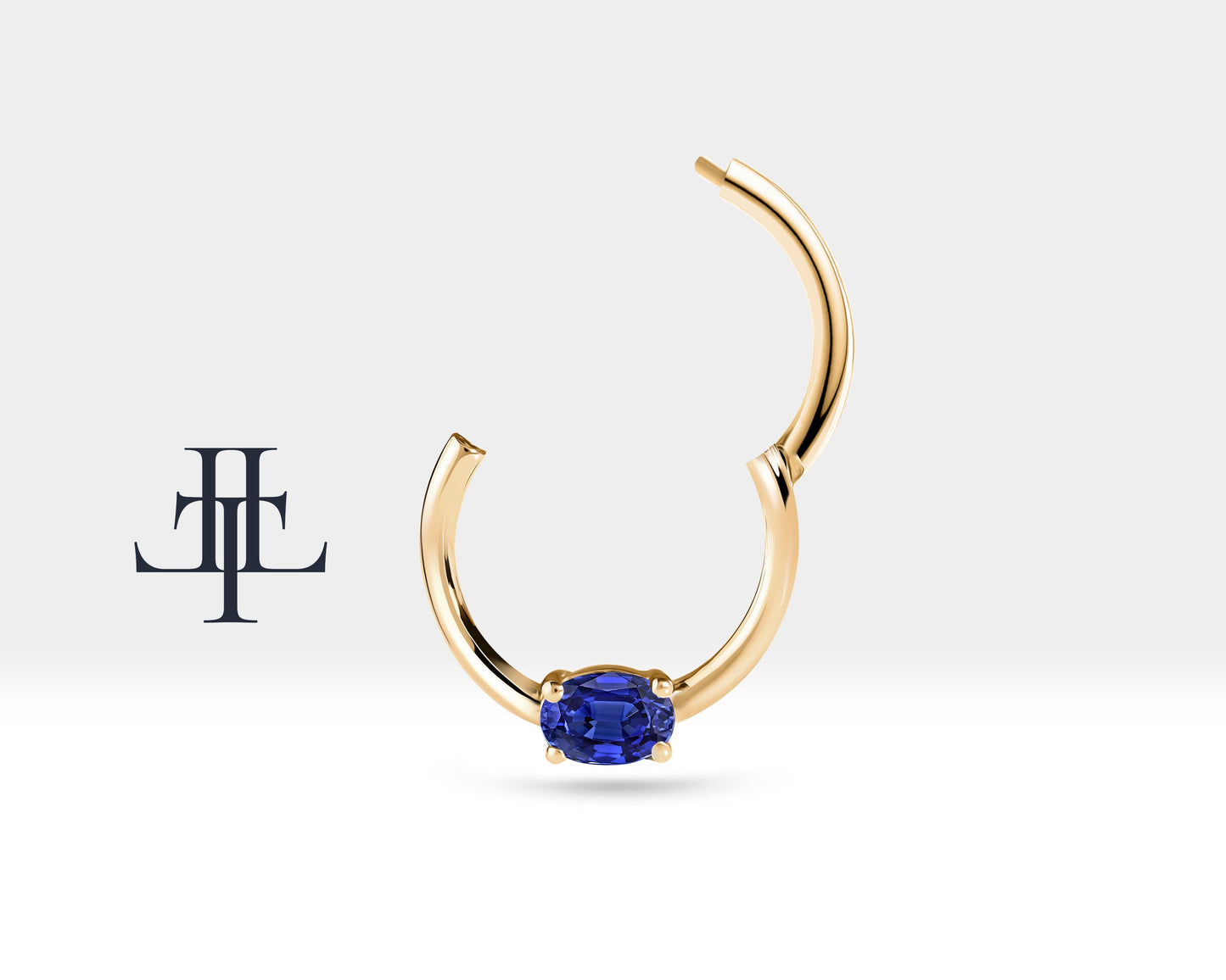 Oval Safirli Halka Piercing, 10-12 MM , 1.2 MM, 14K Sarı-Beyaz-Kırmızı Altın | LC00035S