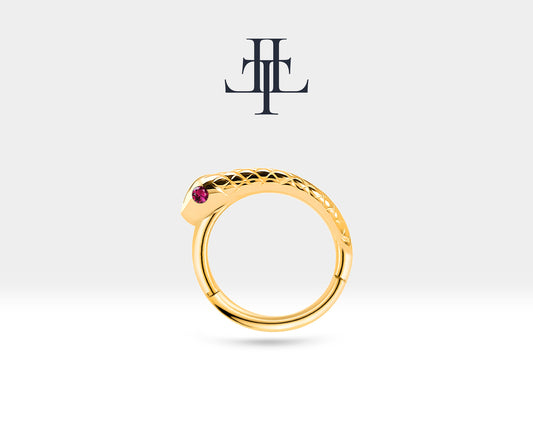 Yılanlı Yakutlu Halka Piercing, 12 MM , 1.2 MM, 14K Sarı-Beyaz-Kırmızı Altın | LC00014R