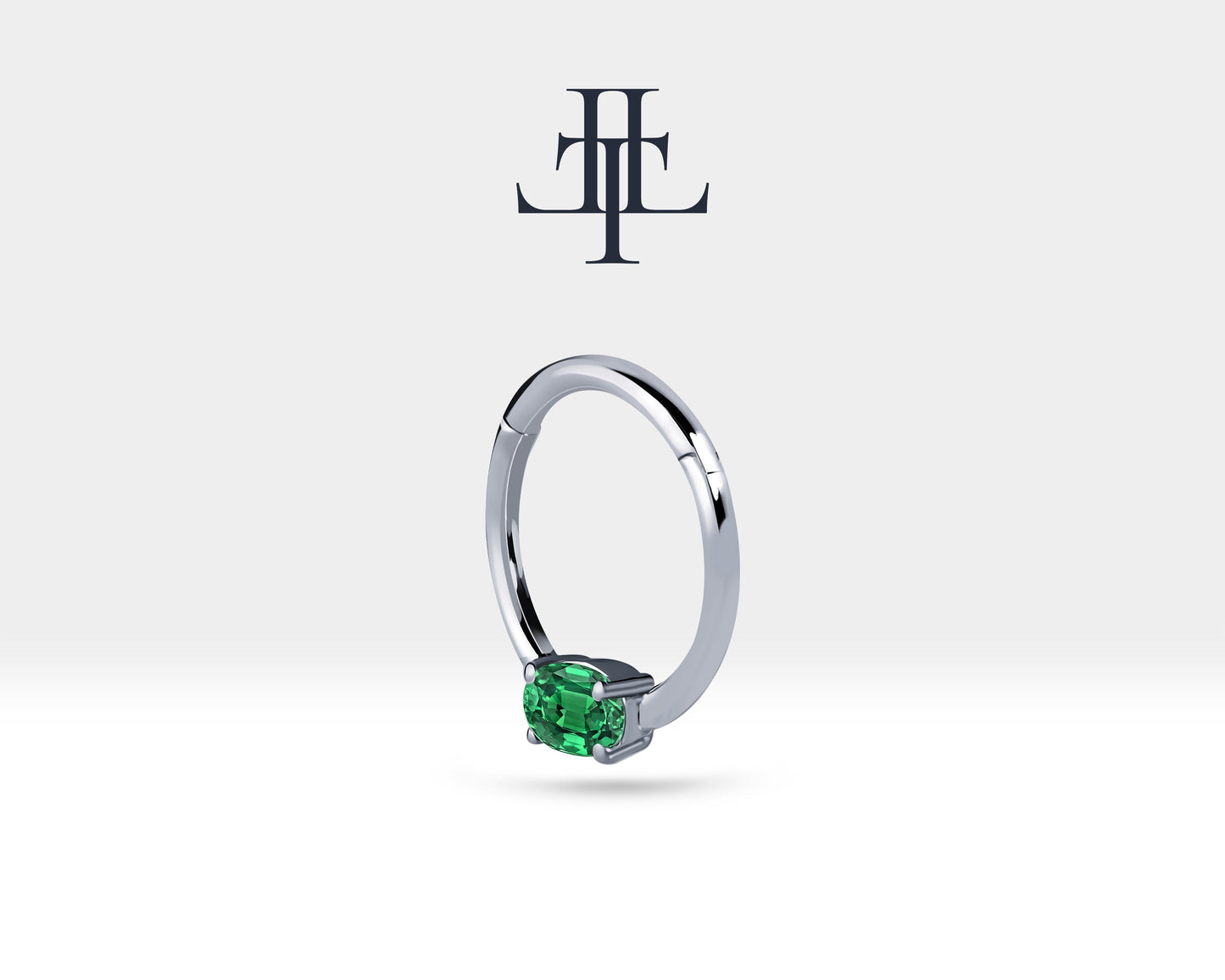 Oval Zümrütlü Halka Piercing, 10-12 MM , 1.2 MM, 14K Sarı-Beyaz-Kırmızı Altın | LC00035E