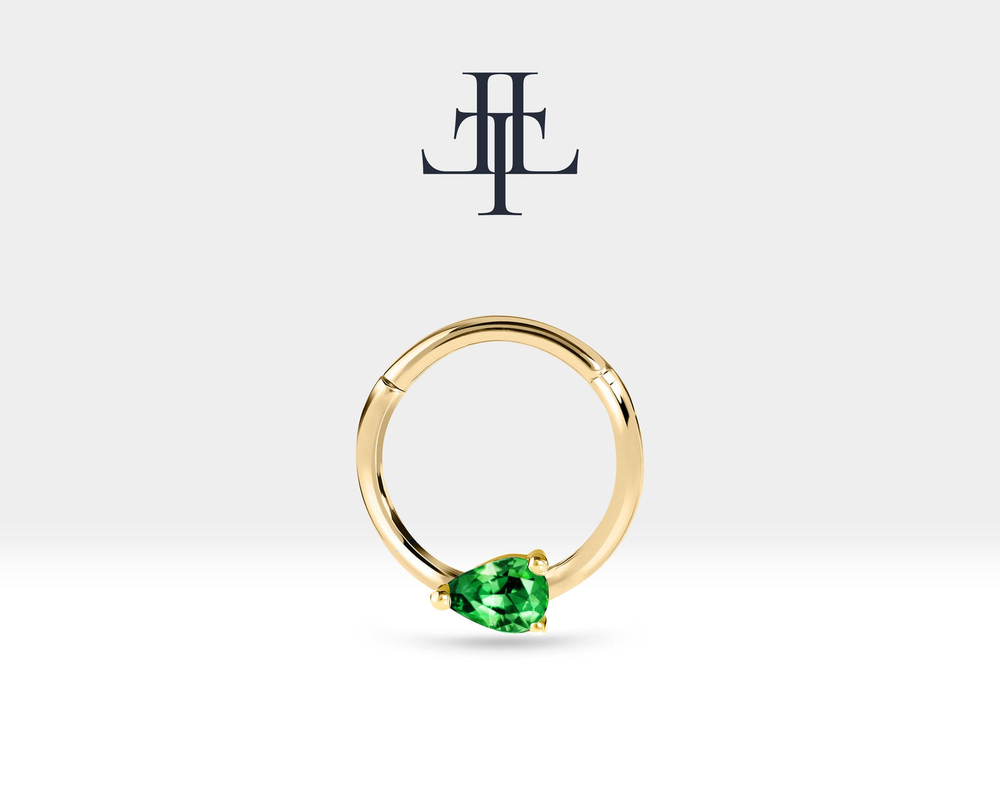 Damla Zümrütlü Halka Piercing, 10-12 MM , 1.2 MM, 14K Sarı-Beyaz-Kırmızı Altın | LC00027E