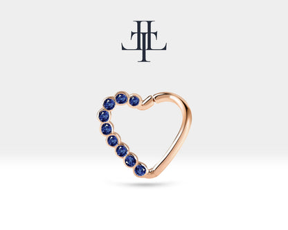Dizi Safirli Kalp Halka Piercing, 13 MM , 1.2 MM, 14K Sarı-Beyaz-Kırmızı Altın | LC00017S