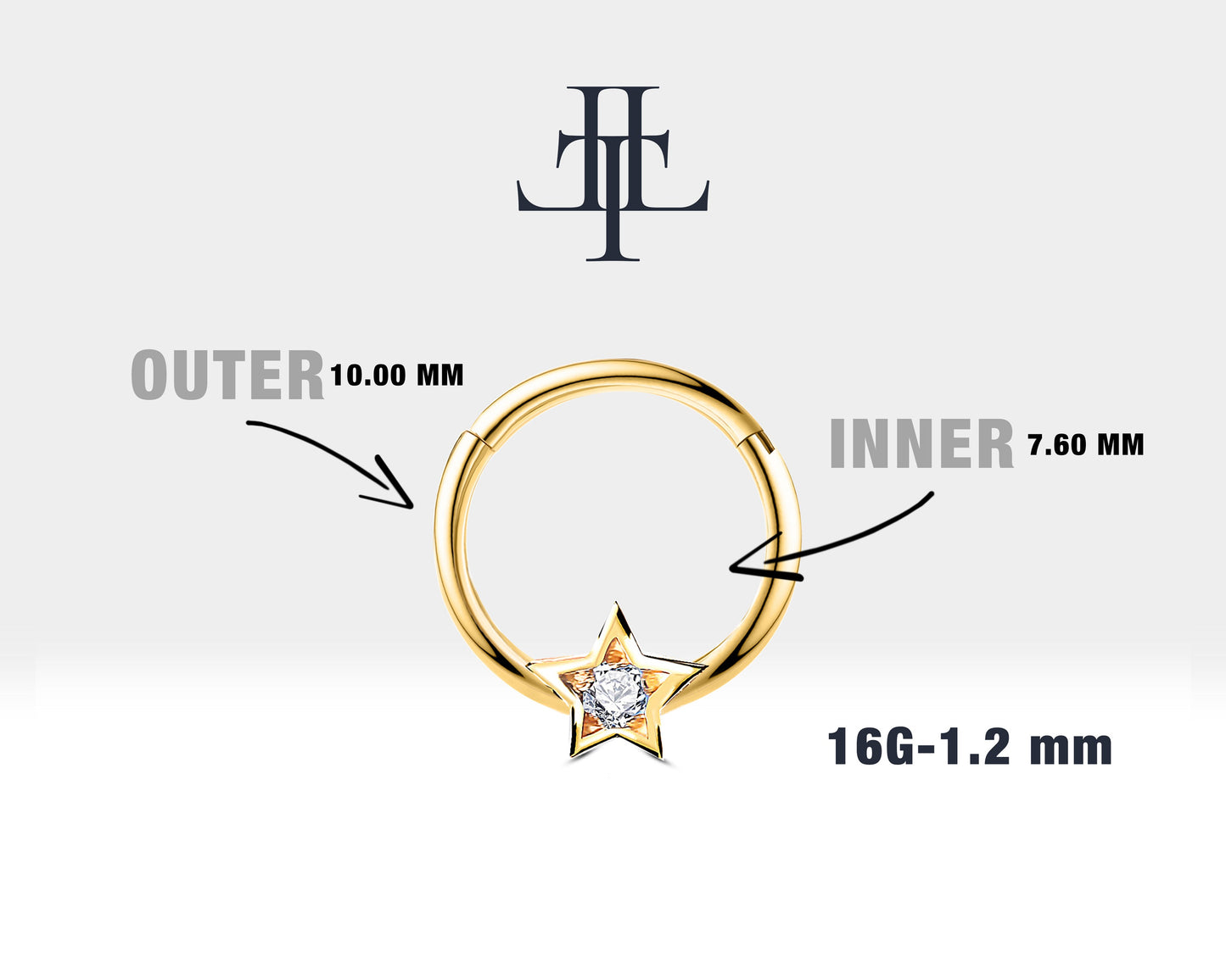 Yıldız Pırlantalı Halka Piercing, 10 MM , 1.2 MM, 14K Sarı-Beyaz-Kırmızı Altın | LC00019D