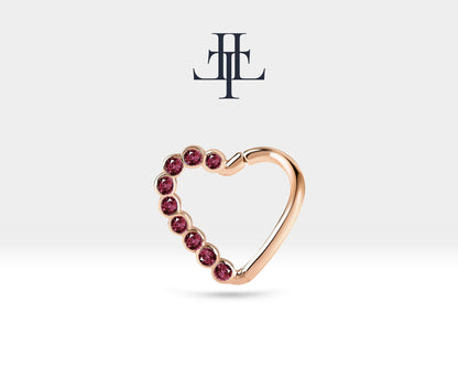 Dizi Yakutlu Kalp Halka Piercing, 13 MM , 1.2 MM, 14K Sarı-Beyaz-Kırmızı Altın | LC00017R