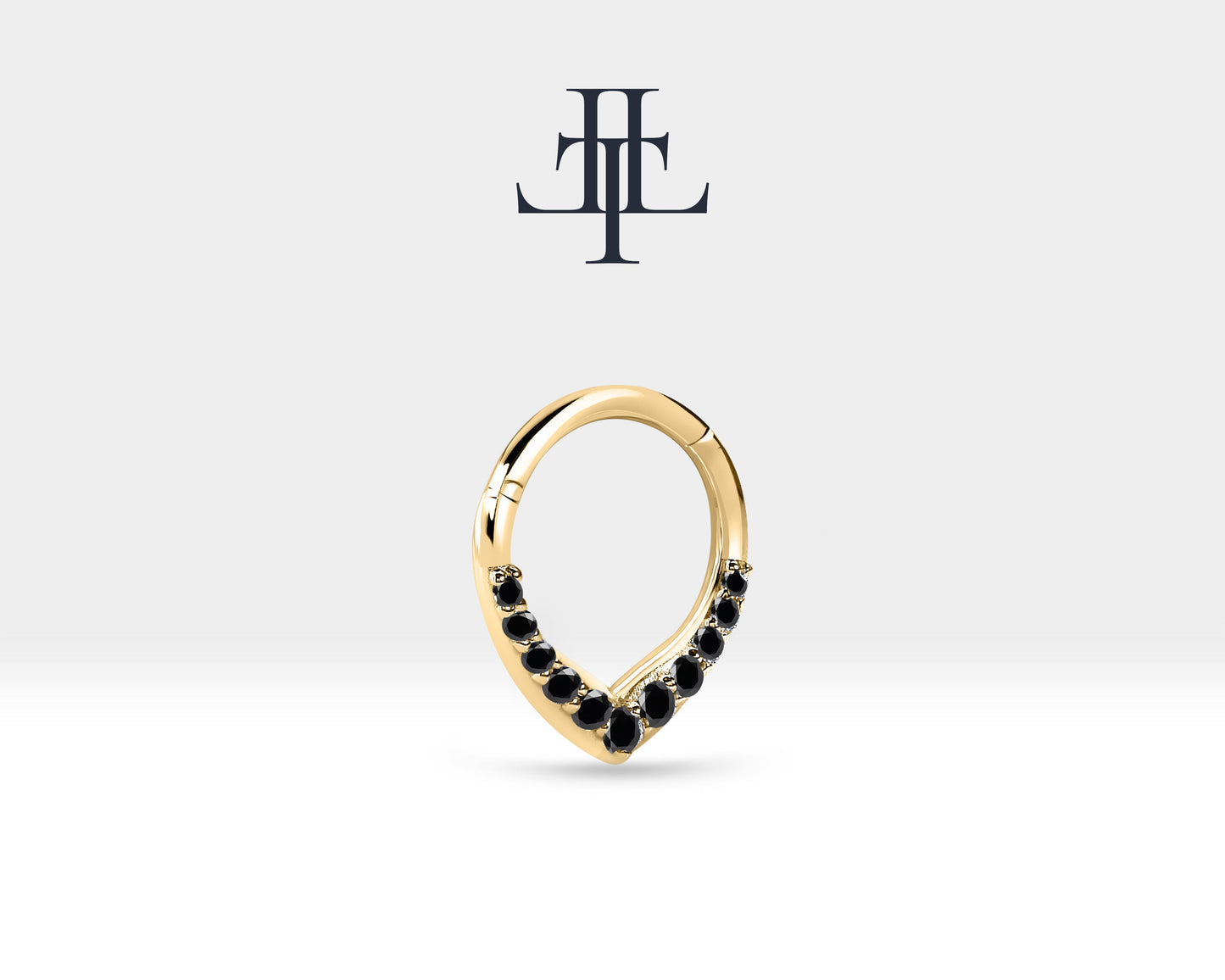 V Siyah Pırlantalı Halka Piercing, 9.70-11.50 MM , 1.2 MM, 14K Sarı-Beyaz-Kırmızı Altın | LC00049B