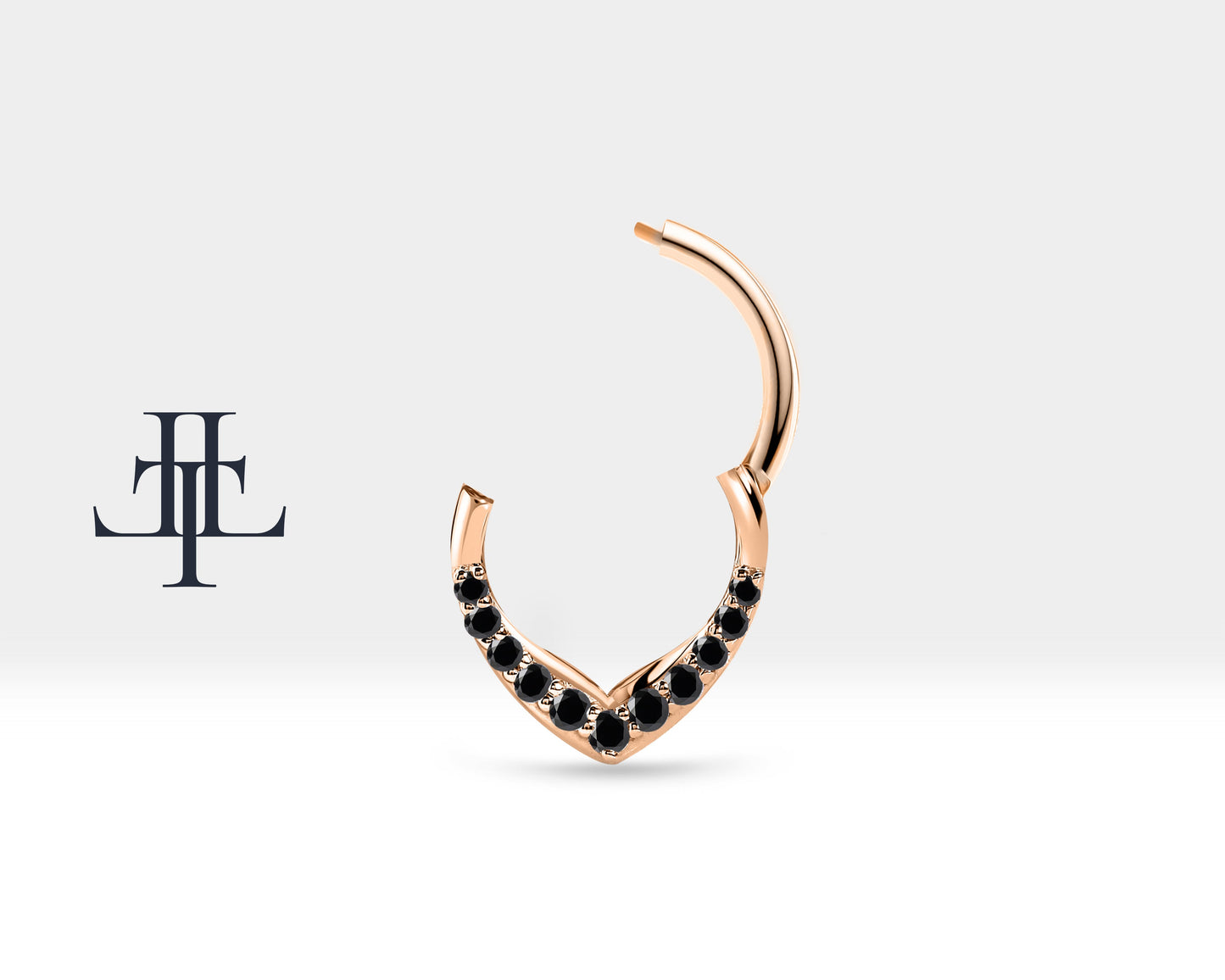 V Siyah Pırlantalı Halka Piercing, 9.70-11.50 MM , 1.2 MM, 14K Sarı-Beyaz-Kırmızı Altın | LC00049B