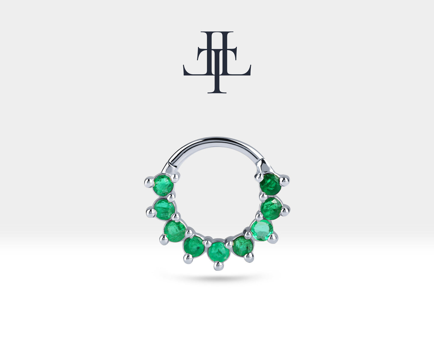 Dokuz Zümrütlü Halka Piercing, 13 MM , 1.2 MM, 14K Sarı-Beyaz-Kırmızı Altın | LC00006E