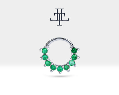 Dokuz Zümrütlü Halka Piercing, 13 MM , 1.2 MM, 14K Sarı-Beyaz-Kırmızı Altın | LC00006E